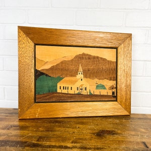 Vintage Country Church Wooden Inlay Artwork in Frame Handmade Completed Religious Wall Decor Church Scene Mountains and Trees Lake with Boat