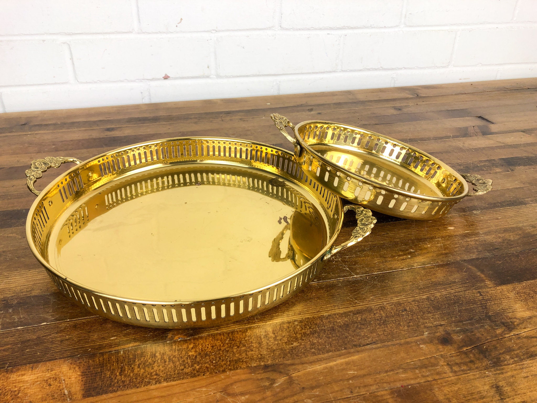 Set of 2 Round Brass Trays With Handles and Raised Sides Etsy UK