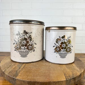2 Piece Vintage Metal Canister Set White and Copper Colored Decoware Kitchen Canisters Round Floral Canisters