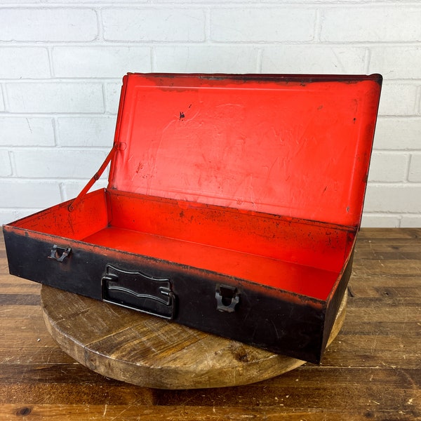 Distressed Vintage Black Metal Box with Latch and Handle Industrial Decor Black Container Small Chest Old Metal Box