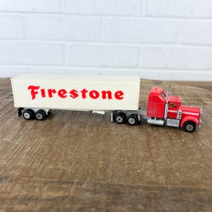 1982 Vintage Road Champs Red Kenworth Semi Truck with Trailer Firestone Diecast 1980s Metal Car Toy Diecast Toys Hong Kong