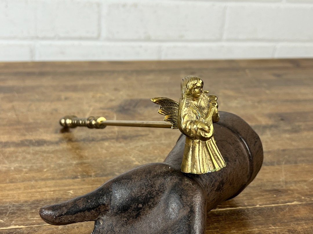Vintage Brass Candle Snuffer With Angel Playing Guitar 11 Inches Long