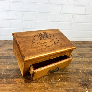 Vintage Wooden Jewelry Box with Lid Drawer and Wood Burned Rose Brown Wood Jewelry Box Small Box for Little Things Holds Small Things