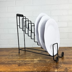 Vintage Wrought Iron Plate Rack | Black Metal 8 Slot Display Stand | CD Organizer | Wall Mount Storage | Mid Century Kitchen Decor