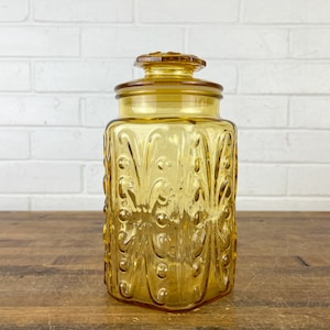 9&quot; Vintage Amber Glass Jar with Lid Brown Glass Shelf Decor Amber Brown Kitchen Decor Clear Glass Canister