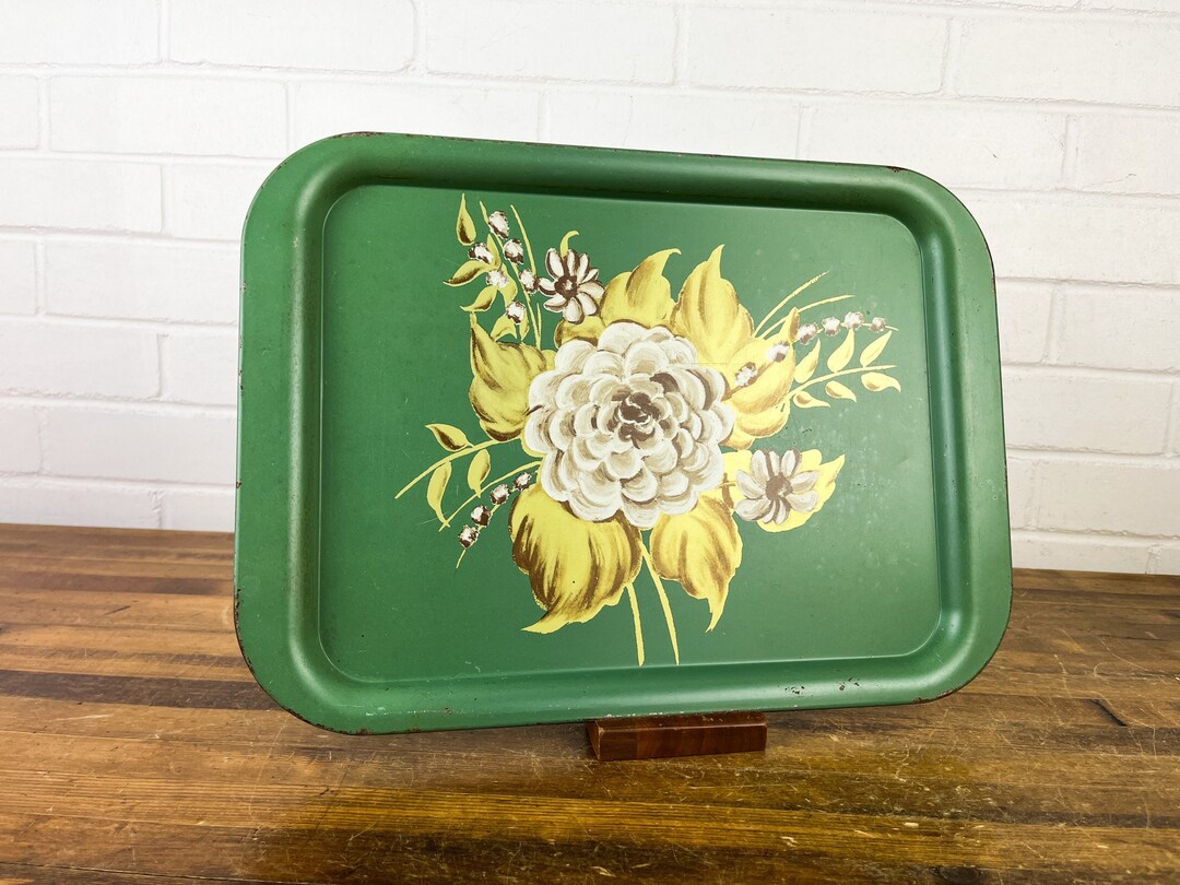 Vintage Metal Floral Serving Tray Shabby Chic Green and White Catchall Tray Etsy