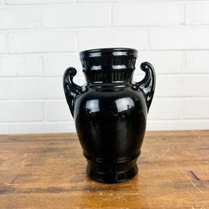 Vintage Black Speckled Glazed Vase • Two Decorative Handles • Crock-Style Pottery