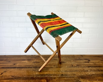 Vintage Wooden Folding Camping Stool with Stripes or Rustic Luggage Rack Green Red Yellow Striped Cloth Seat Cool Stool Camping Prop