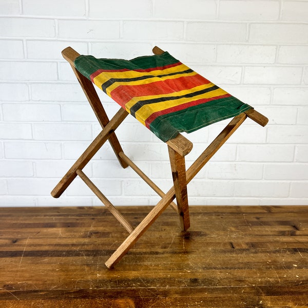 Vintage Wooden Folding Camping Stool with Stripes or Rustic Luggage Rack Green Red Yellow Striped Cloth Seat Cool Stool Camping Prop