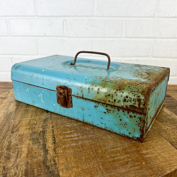 Distressed Industrial Turquoise Blue Metal Box with Latch & Handle Bernz O Matic Vintage Blue Container Chest Aged Worn Old