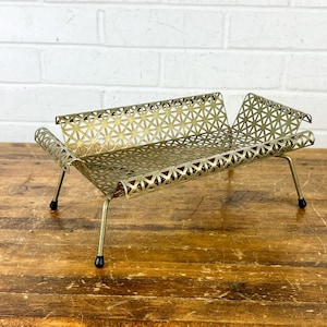 Vintage Gold Pierced Metal Tray with Legs – Mid Century Modern Catchall Organizer