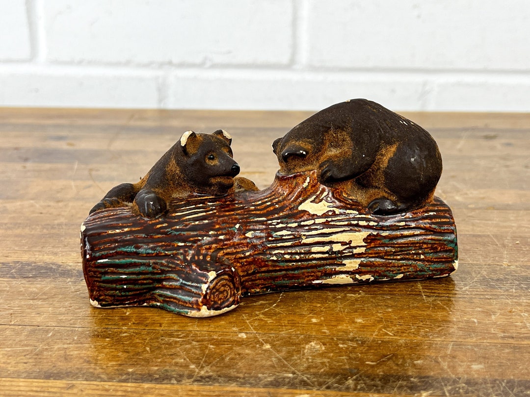 Vintage Chalkware Two Bears on Log Figurine Animal Shelf Decor Objects ...