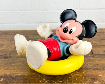 Vintage 1990s Mickey Mouse Toy Disney Plastic Figure in Yellow Life Buoy Tube Collectible