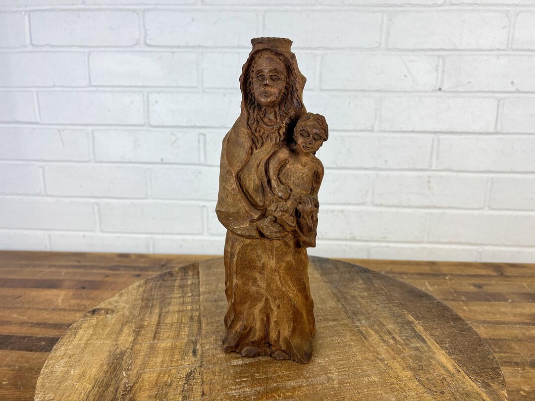 1970s Hand Carved Vintage Wood Madonna and Child Statue Figurine Virgin ...