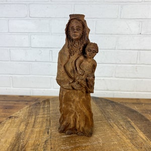 1970s Hand Carved Vintage Wood Madonna and Child Statue Figurine Virgin Mary Peaceful Madonna Handmade Carving