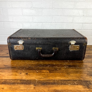 Vintage Black Suitcase with Brown Edging Authentic Old Luggage in Dark Blue Display Suitcase