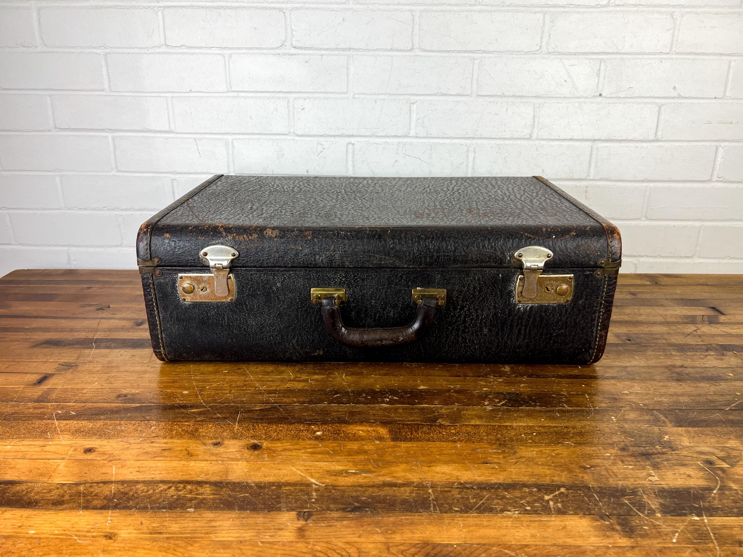 Vintage Black Suitcase With Brown Edging Authentic Old Luggage in
