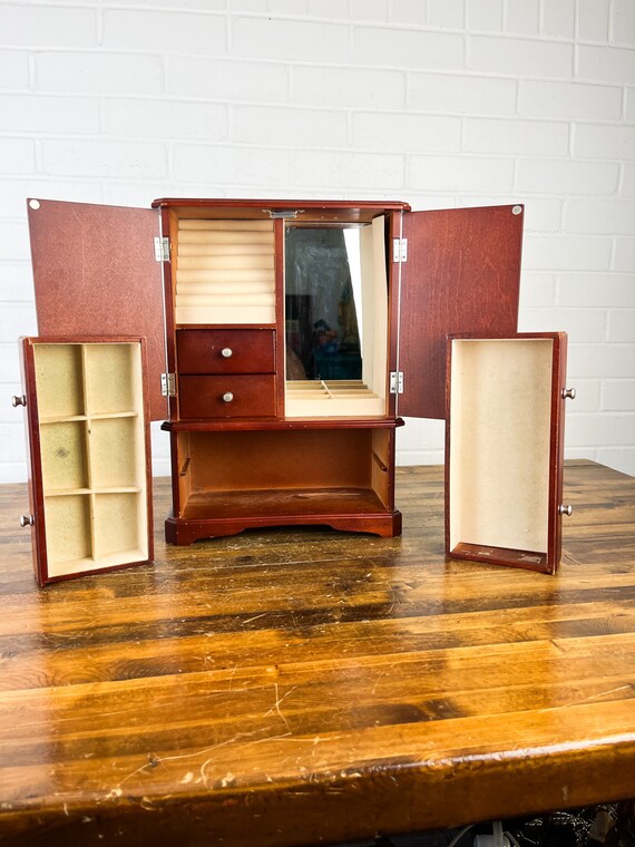 16" Vintage Wood Jewelry Box Armoire Hutch with Mirro… - Gem