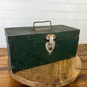 Distressed Vintage Green Metal Box with Tray with Latch Green Container Metal Chest Mid Century Style Decor Old Distressed Metal Tool Box