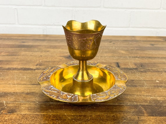gold cup cigarette Vintage Solid Brass Ashtray With Cigarette Holder, Made in Korea