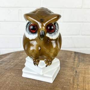 Vintage Golden Crown Owl Figurine Small Owl on Books Ceramic Figure Made in West Germany Owl Standing On a Book Owl Lover Gift