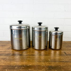 Set of 3 Vintage Vollrath Stainless Steel Canisters – Biscuit Mix, Cookies, Tea – Retro Kitchen Storage
