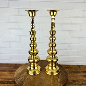 1960s Pair 18&quot; Vintage Brass Candlestick Holders Set of 2 Gold Metal Candle Holder For Tabletop Holds Tall Candles Gold Shelf Decor