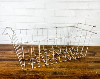 25x11" Distressed Large Vintage White Metal Wire Basket with Handles Wide Rectangle Metal Basket