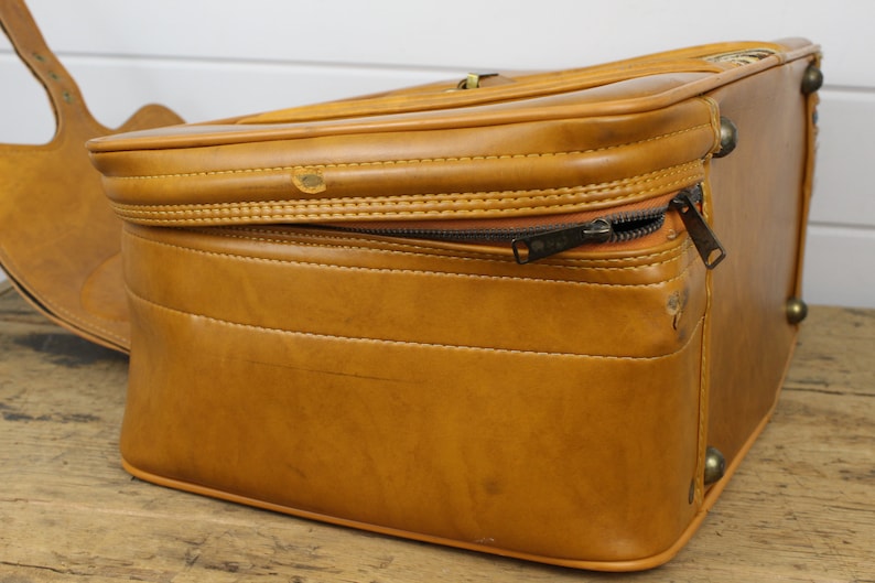 Vintage Tan Suitcase with Flap Buckle /& Fabric Front Kickass Suitcase! Soft Sides