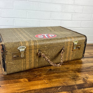 Distressed Vintage Suitcase Trunk with Stripes Authentic Vintage Trunk with STP Sticker Old Luggage Trunk Prop