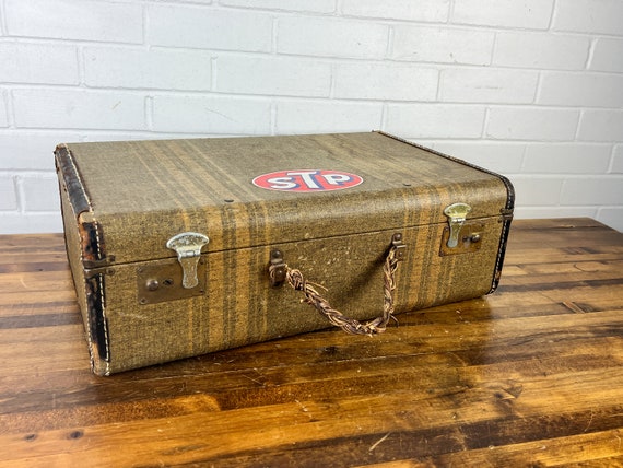 Distressed Vintage Suitcase Trunk With Stripes Authentic 