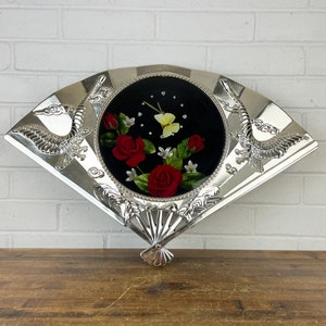 23x15&quot; Vintage Silver Asian Theme Fan Wall Clock with Silk Roses Butterflies Working Plastic Clock Flower Clock Unique Eclectic Wall Decor