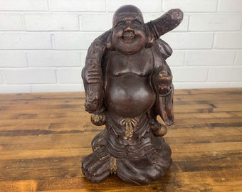 12" Carved Wood Buddha Statue Handmade Vintage Indoor Laughing Happy Buddha Decor
