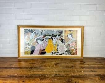 34x17&quot; Large Handmade Vintage Ukiyo-e Asian Needlepoint Framed Artwork Boho Asian Wall Hanging Gold Yellow Wall Decor