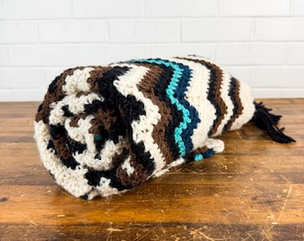 Vintage Handmade Afghan Zig Zag Crochet Blanket – Black, Blue, Cream & Brown with Fringe – 56” x 39”