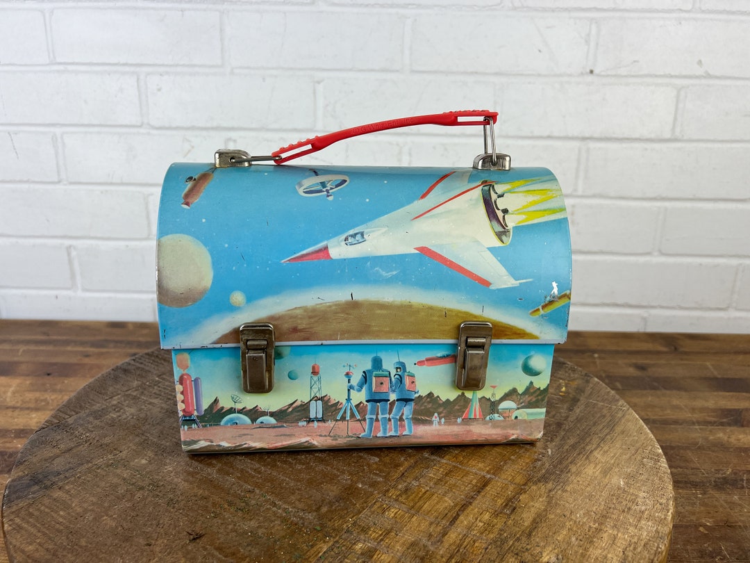 1990s Vintage Gwhiz Metal Spaceship Reproduction Retro Metal Lunch Box