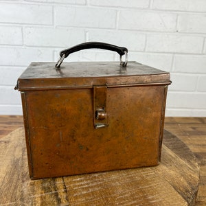 Small Distressed Vintage Copper Metal Box with Leather Handle Box to Display Industrial Shelf Decor Decorative Copper Box Storage