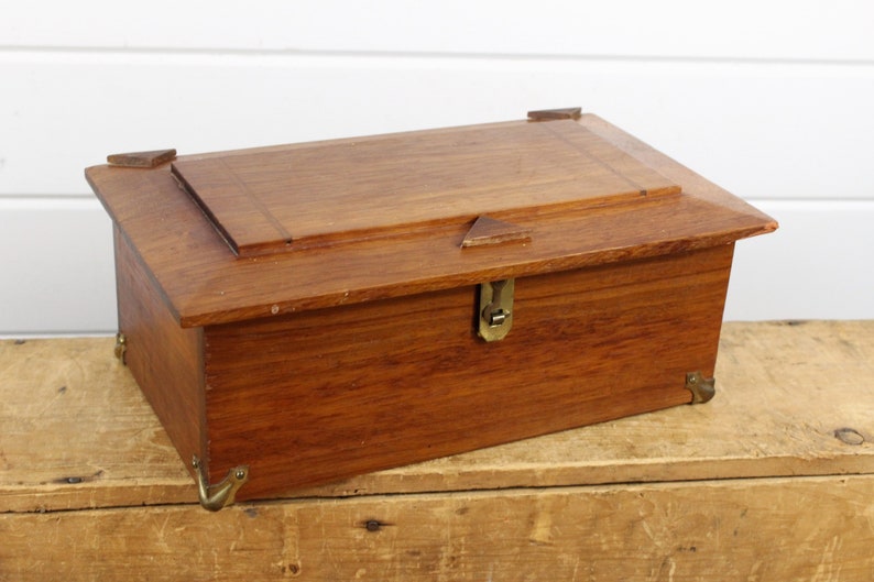 Vintage Brown Wooden Box With Hinged Lid Brass Front Latch Image 0