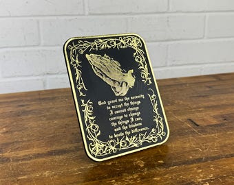Vintage Serenity Prayer Plaque | Black & Gold Plastic Wall Decor | Prayer Hands Religious Sign
