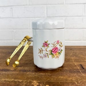 Vintage FTDA Floral Canister w Tongs | 1980s Porcelain Sugar Jar | Tea Coffee Storage | Florists Telegraph Delivery Decor