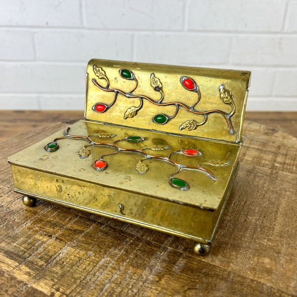 Vintage Brass Trinket Box with Lid Flower Gemstone and Leaves Small Brass Box Brass Container to Display Gold Shelf Decor