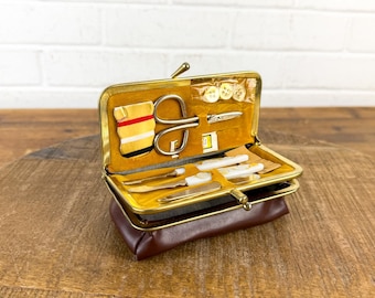 Vintage 1960s Sewing & Manicure Kit | Kiss Clasp Travel Clutch | Brown Vinyl Case Mirror | Retro Repair and Grooming Set | Mid Century