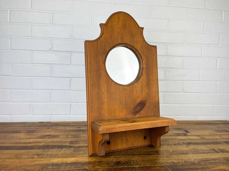 Vintage Wooden Wall Mirror With Shelf Handmade Hanging Wood Etsy