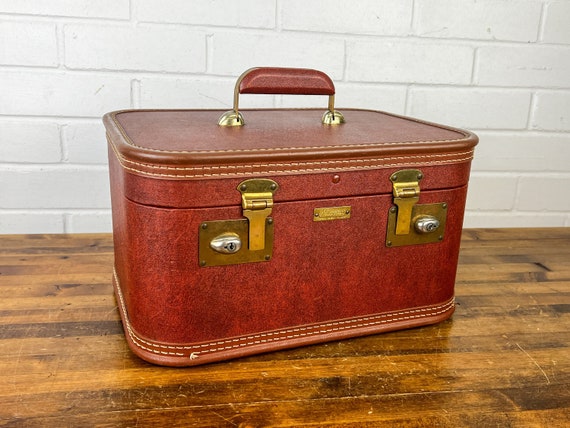 Vintage Brown Train Case Makeup/Vanity Case w/ Mirror, No Key