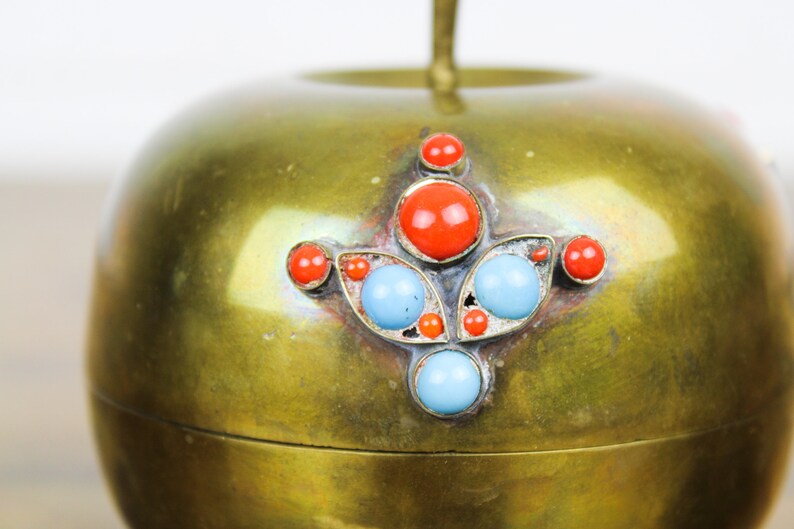 Vintage Brass Fruit Container Bowl with Lid with Blue and Red Gemstones Stamped India