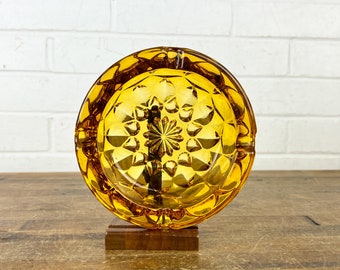 6 Inch Vintage Amber Glass Ashtray with Flower Pattern Brown Change Dish Glass Art Display Curved Glass Bowl