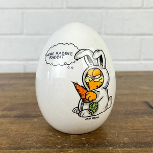 1970s Garfield Easter Bunny Egg Piggy Bank with Quote Here Rabbit Rabbit Authentic Garfield Easter Memorabilia Garfield Dressed as Rabbit