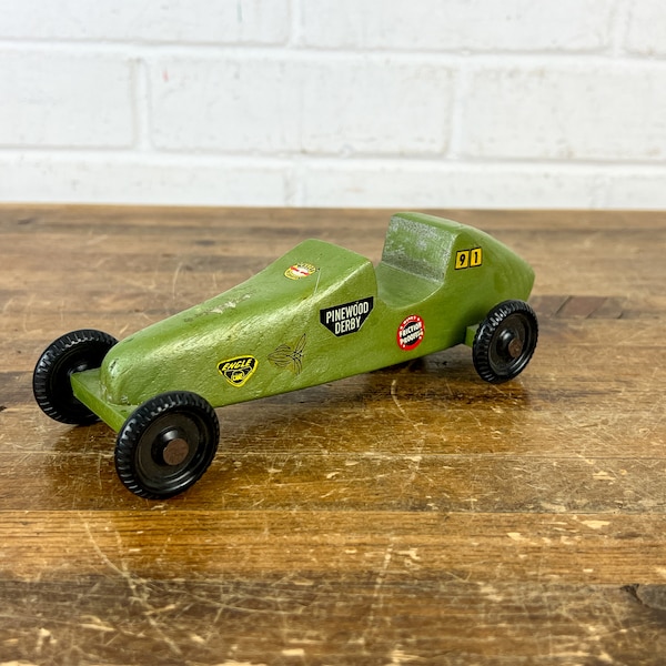 Vintage Pinewood Derby Car Green Wood Derby Race Car Handcrafted Wooden Toy Cub Scouts