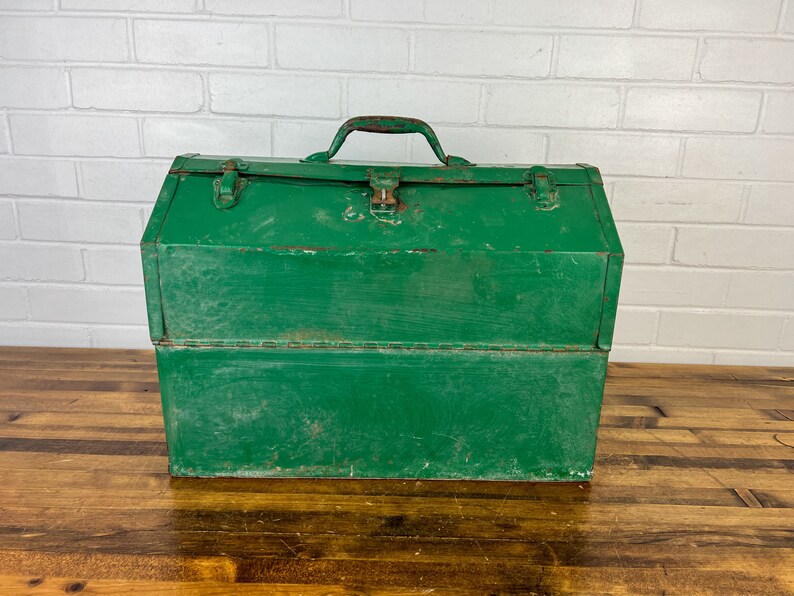 Large Vintage Green Metal Tool Box With 2 Trays XL Distressed Etsy