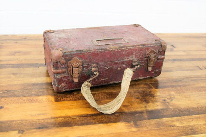 Distressed Vintage Wooden Box 13 x 8 with Handle Latches Burgundy Metal Corners Label Holder Rectangle Shape Storage